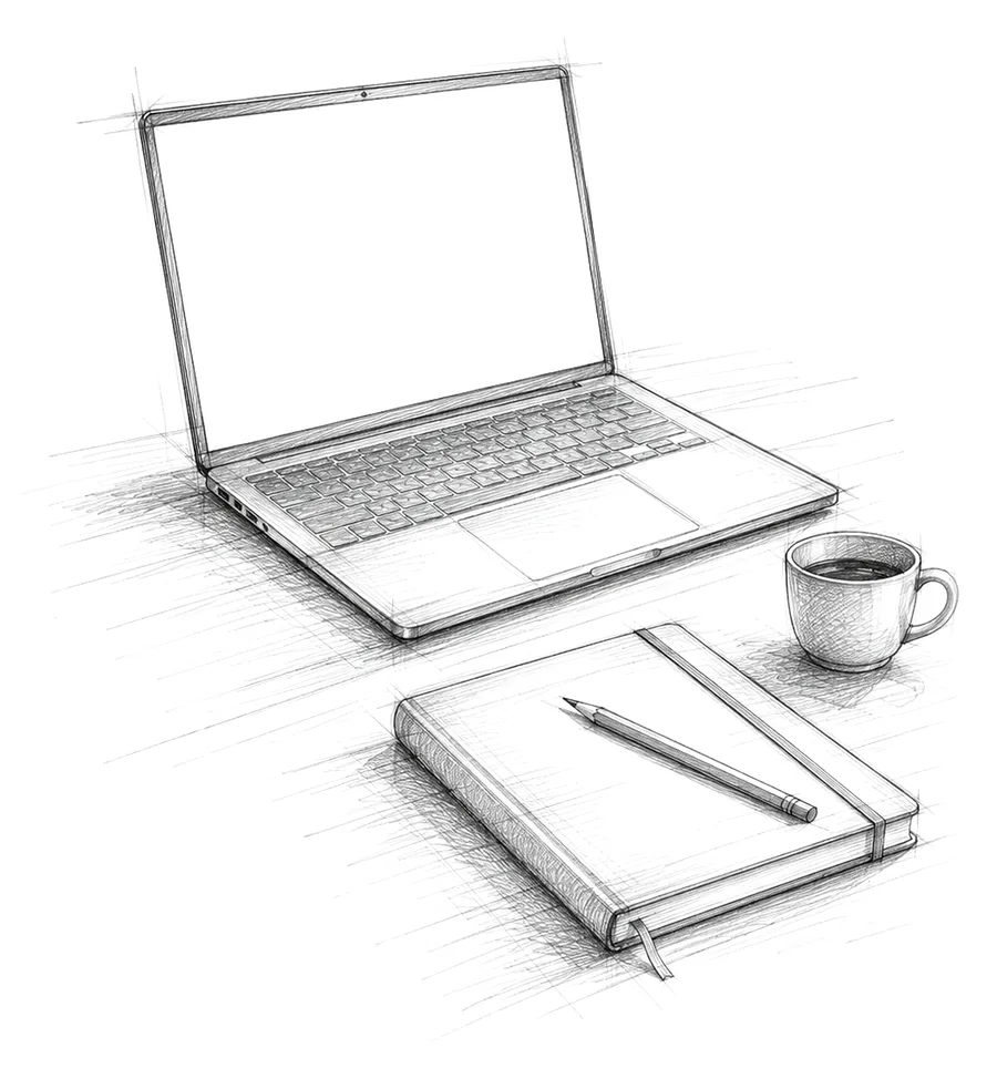 Pencil sketch of a laptop, notebook, and coffee cup on a desk