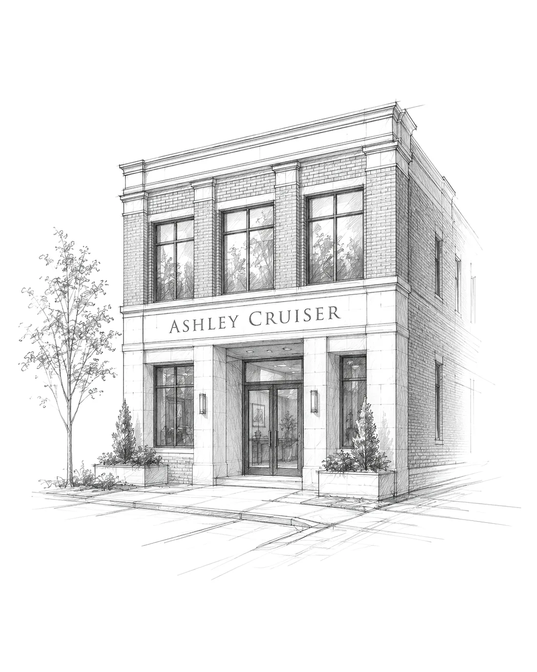 Pencil sketch of the Ashley Cruiser office building
